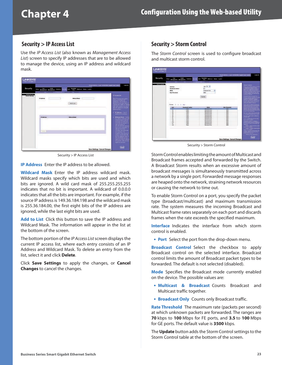 Security > storm control, Chapter 4, Configuration using the web-based utility | Security > ip access list | Linksys Business Smart Gigabit Ethernet Switch SLM2048 User Manual | Page 28 / 56