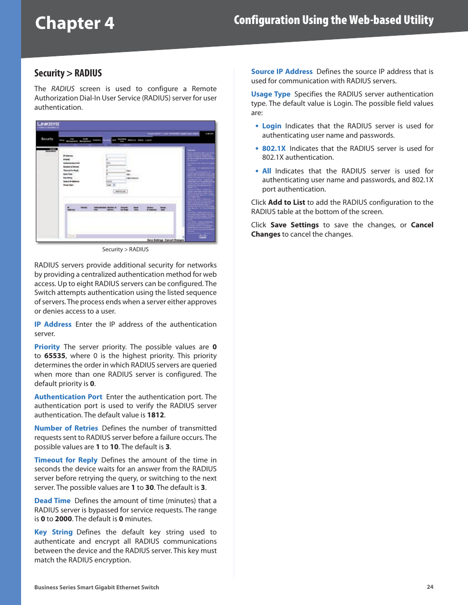 Security > radius, Chapter 4, Configuration using the web-based utility | Linksys Business Smart Gigabit Ethernet Switch SLM2048 User Manual | Page 29 / 56