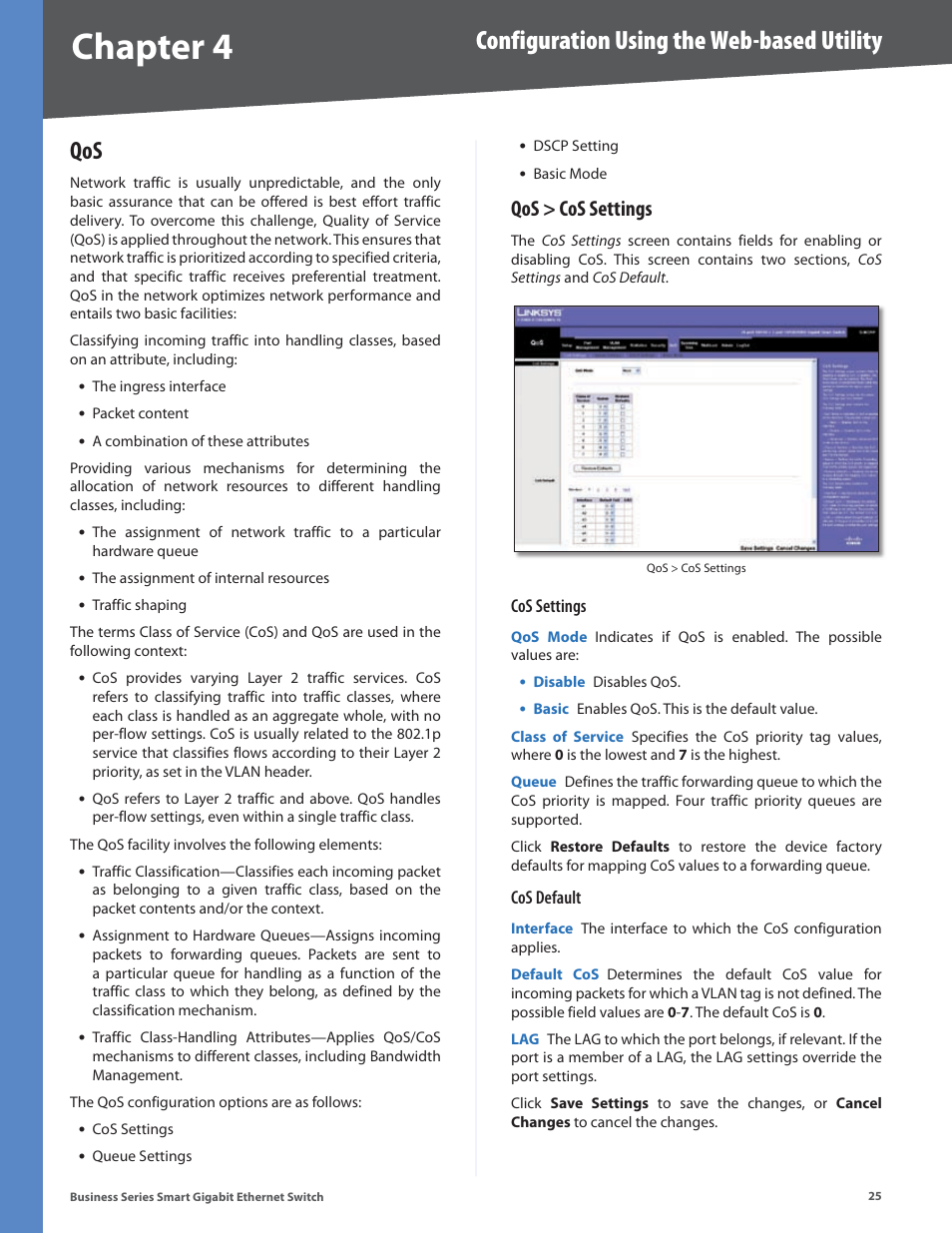 Qos > cos settings, Chapter 4, Configuration using the web-based utility | Linksys Business Smart Gigabit Ethernet Switch SLM2048 User Manual | Page 30 / 56