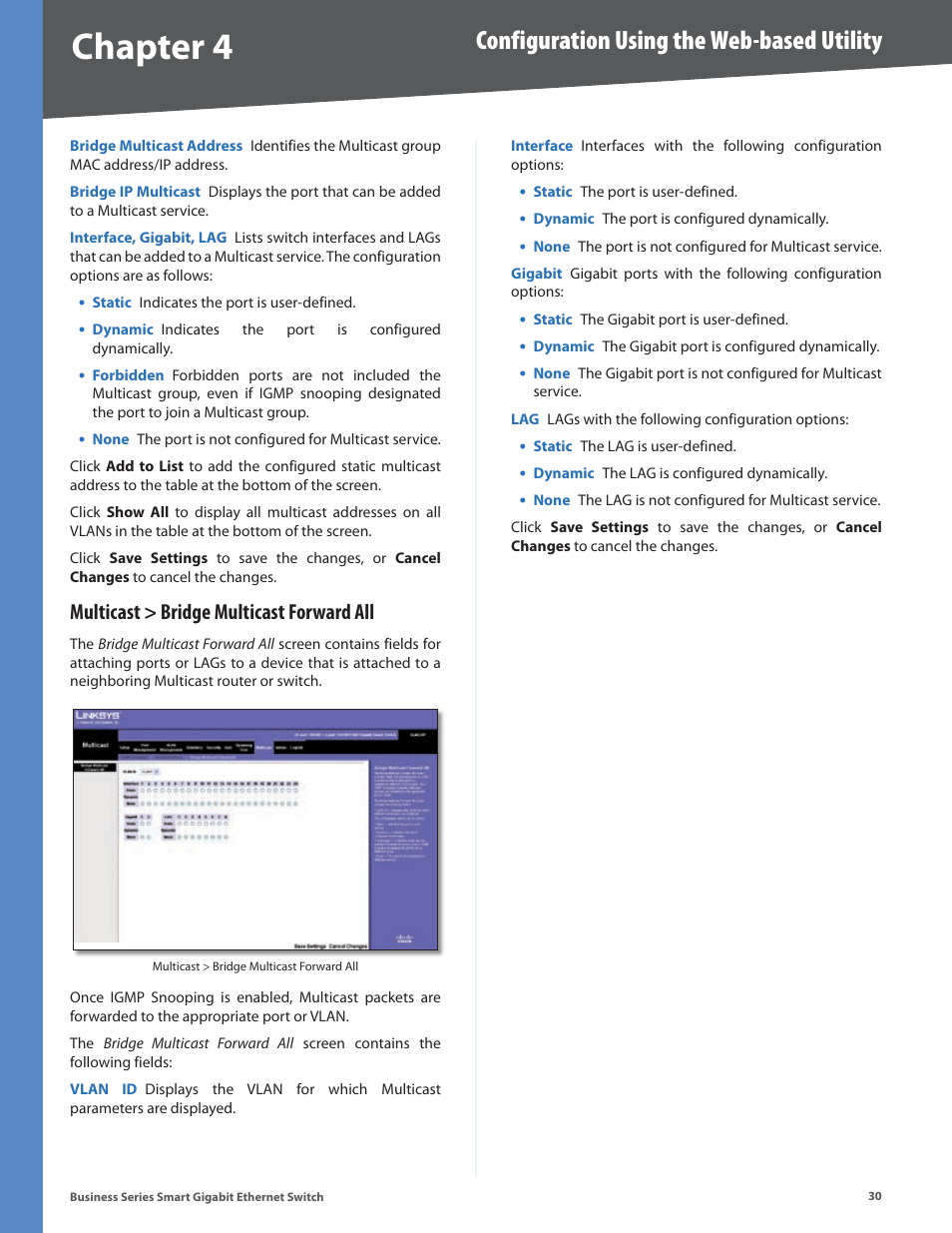 Multicast > bridge multicast forward all, Chapter 4, Configuration using the web-based utility | Linksys Business Smart Gigabit Ethernet Switch SLM2048 User Manual | Page 35 / 56