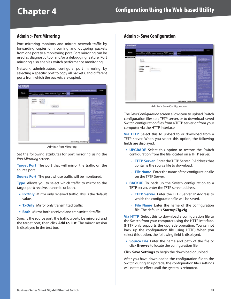 Admin > port mirroring, Admin > save configuration, Admin > port mirroring admin > save configuration | Chapter 4, Configuration using the web-based utility | Linksys Business Smart Gigabit Ethernet Switch SLM2048 User Manual | Page 38 / 56