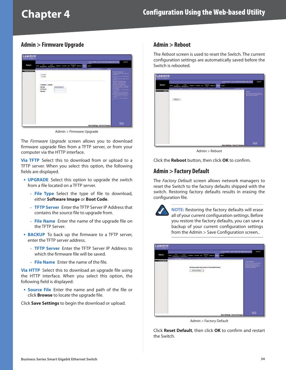 Admin > firmware upgrade, Admin > reboot, Admin > factory default | Chapter 4, Configuration using the web-based utility | Linksys Business Smart Gigabit Ethernet Switch SLM2048 User Manual | Page 39 / 56