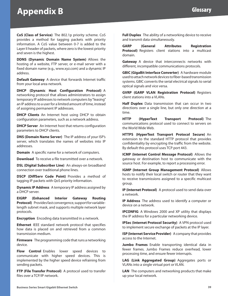 Appendix b, Glossary | Linksys Business Smart Gigabit Ethernet Switch SLM2048 User Manual | Page 44 / 56