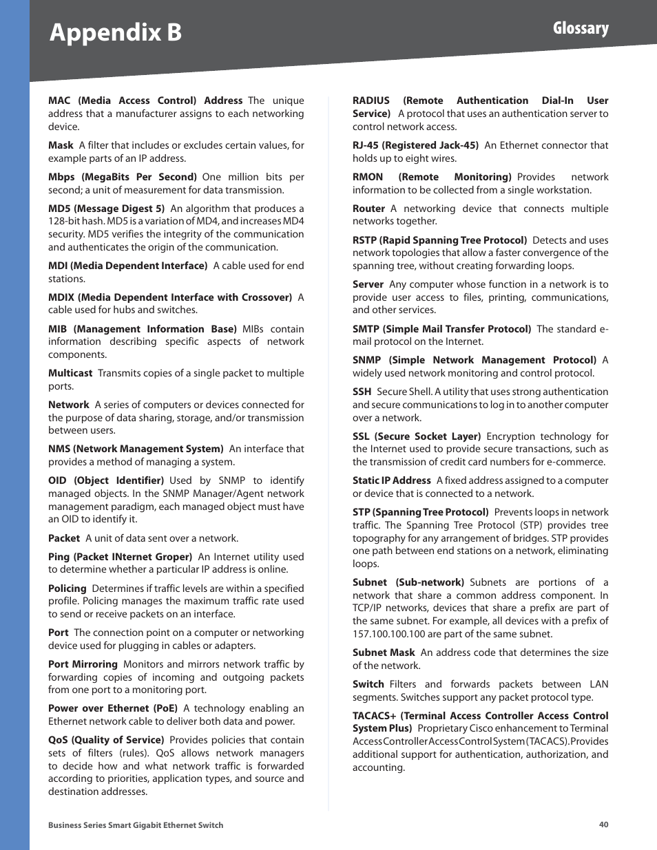 Appendix b, Glossary | Linksys Business Smart Gigabit Ethernet Switch SLM2048 User Manual | Page 45 / 56