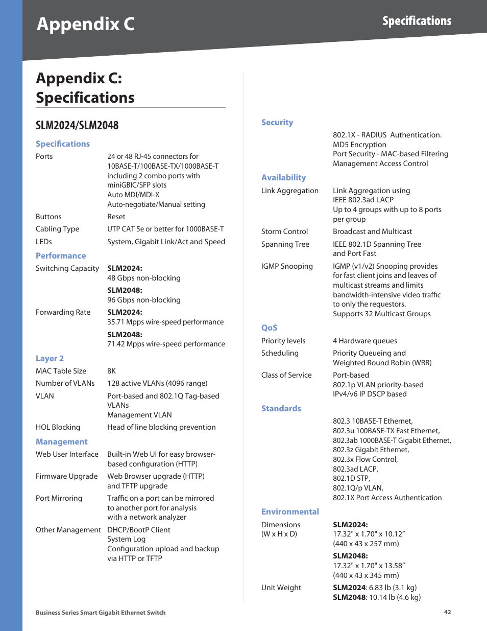 Appendix c: specifications, Slm2024/slm2048, Appendix c | Specifications | Linksys Business Smart Gigabit Ethernet Switch SLM2048 User Manual | Page 47 / 56