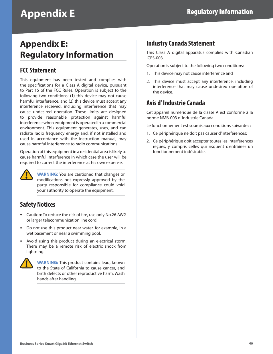Appendix e: regulatory information, Fcc statement, Safety notices | Industry canada statement, Avis d’ industrie canada, Appendix e, Regulatory information | Linksys Business Smart Gigabit Ethernet Switch SLM2048 User Manual | Page 51 / 56