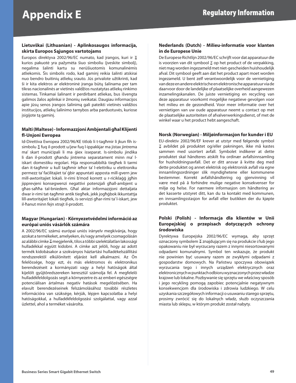 Appendix e, Regulatory information | Linksys Business Smart Gigabit Ethernet Switch SLM2048 User Manual | Page 54 / 56