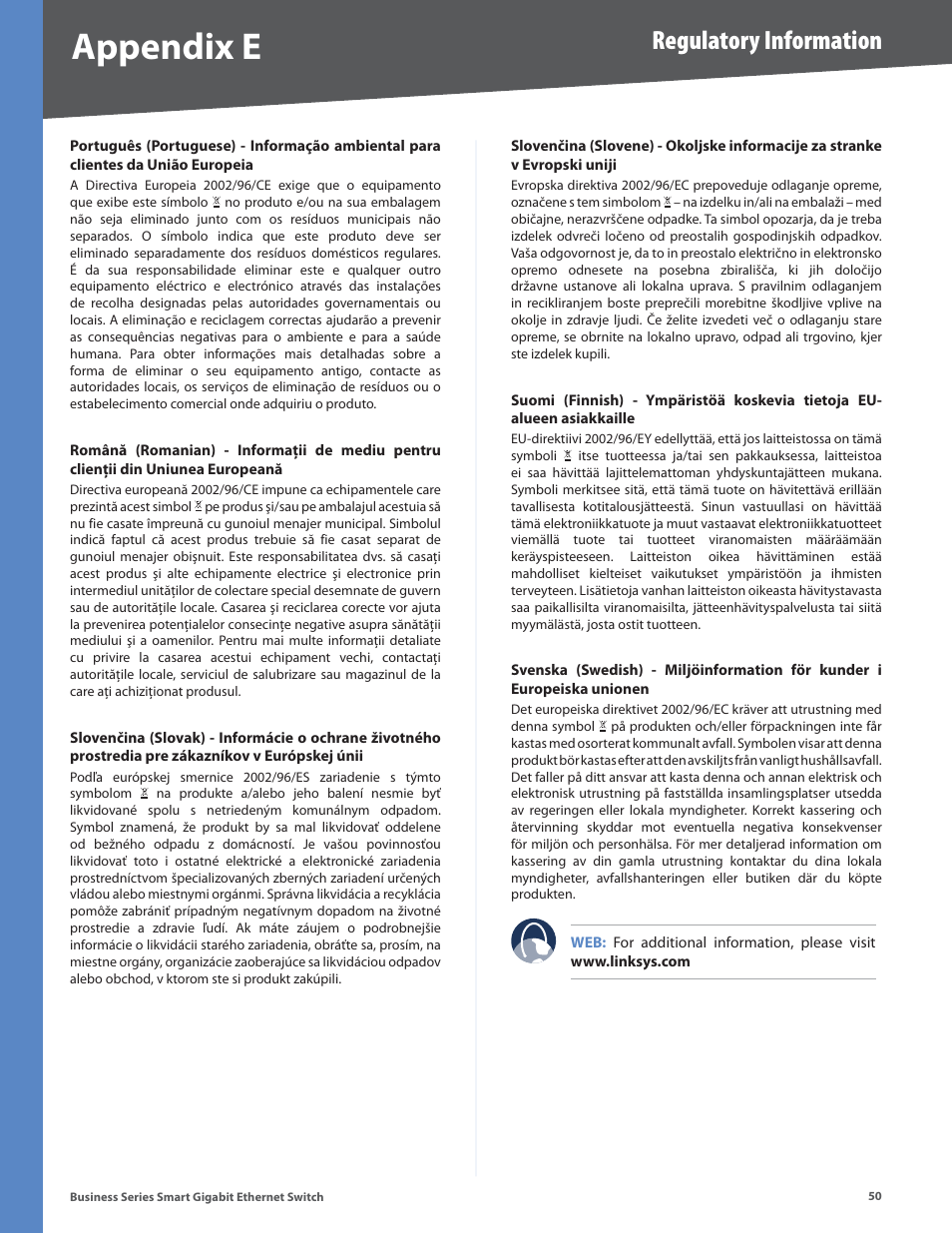 Appendix e, Regulatory information | Linksys Business Smart Gigabit Ethernet Switch SLM2048 User Manual | Page 55 / 56