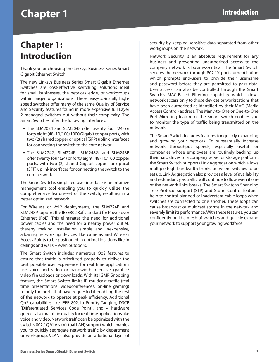 Chapter 1: introduction, Chapter, Chapter : introduction | Introduction | Linksys Business Smart Gigabit Ethernet Switch SLM2048 User Manual | Page 6 / 56