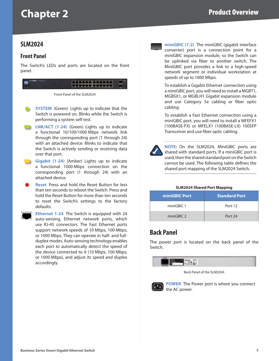 Slm2024, Front panel, Back panel | Chapter, Product overview | Linksys Business Smart Gigabit Ethernet Switch SLM2048 User Manual | Page 8 / 56
