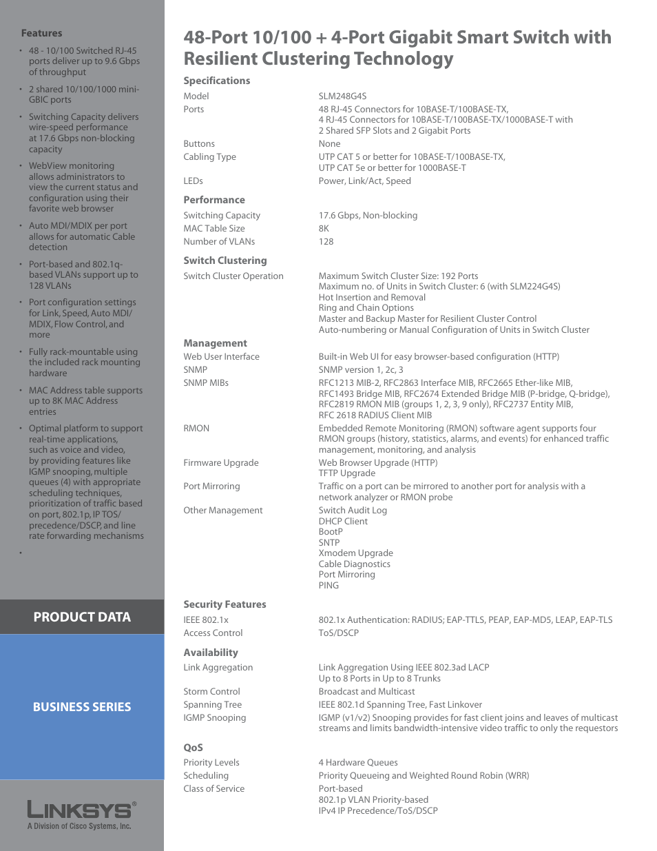 Product data, Business series | Linksys Smart Switch with Resilient Clustering Technology SLM248G4S User Manual | Page 2 / 3