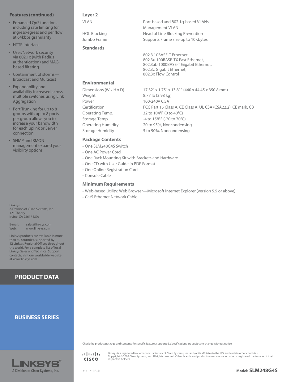 Product data, Business series, Slm248g4s | Linksys Smart Switch with Resilient Clustering Technology SLM248G4S User Manual | Page 3 / 3
