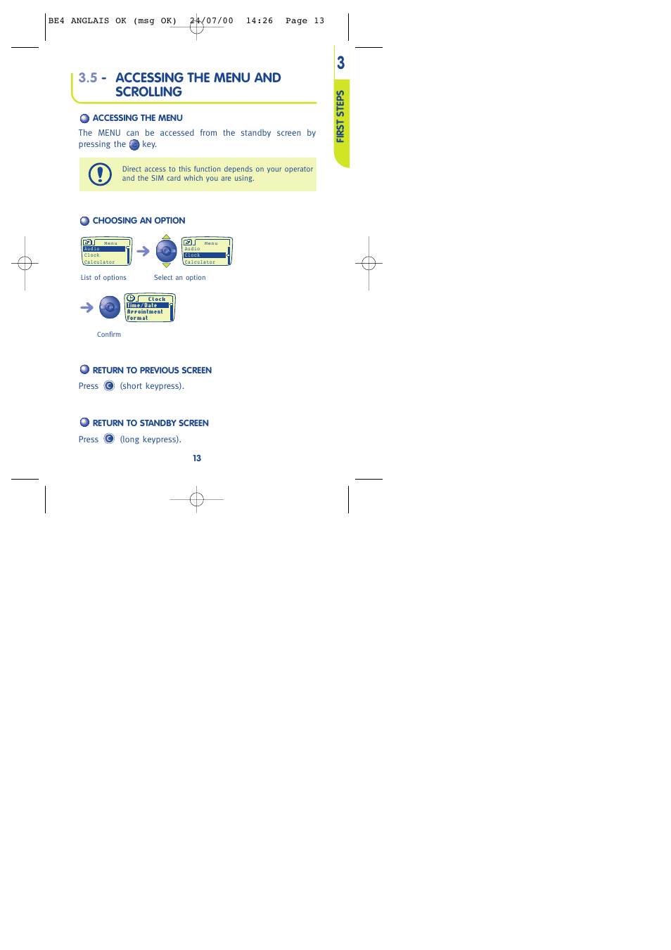 5 - accessing the menu and scrolling | Alcatel One Touch 301 User Manual | Page 15 / 64