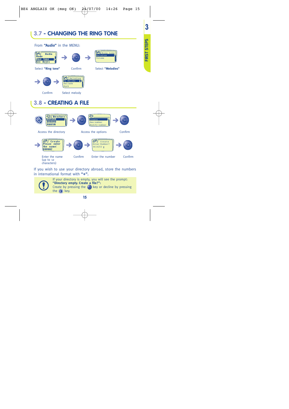 7 - changing the ring tone, 8 - creating a file, First steps | Alcatel One Touch 301 User Manual | Page 17 / 64