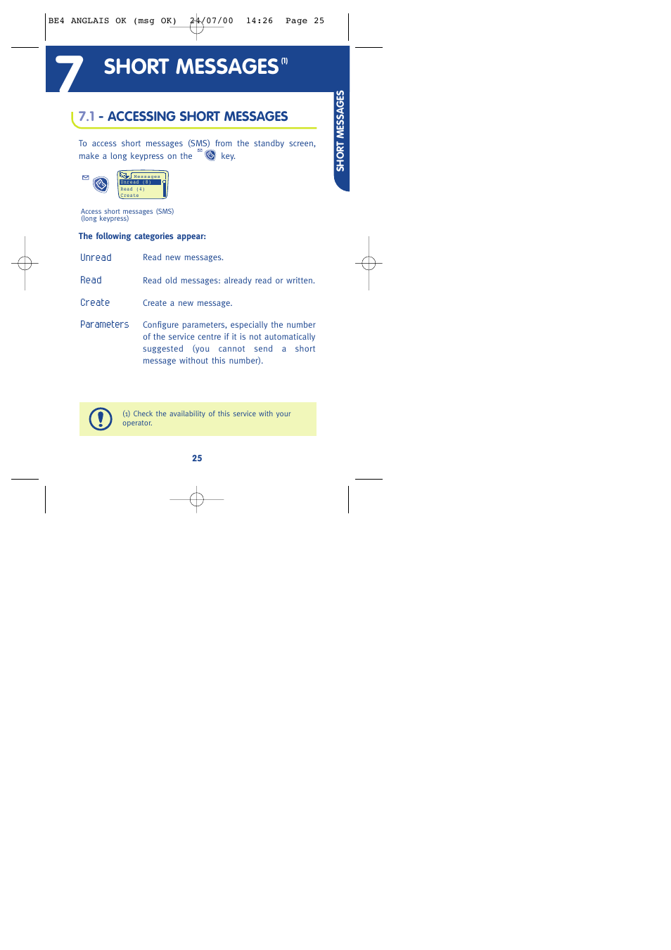 Short messages, 1 - accessing short messages | Alcatel One Touch 301 User Manual | Page 27 / 64