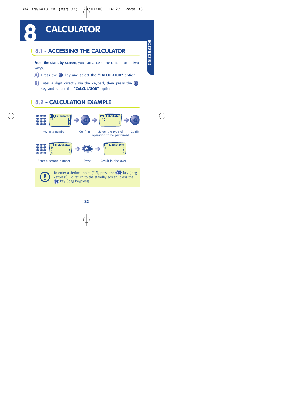 Calculator, 1 - accessing the calculator, 2 - calculation example | Alcatel One Touch 301 User Manual | Page 35 / 64
