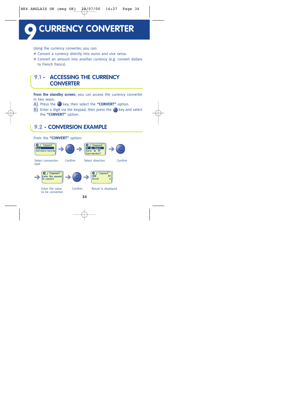 Currency converter, 1 - accessing the currency converter, 2 - conversion example | Alcatel One Touch 301 User Manual | Page 36 / 64