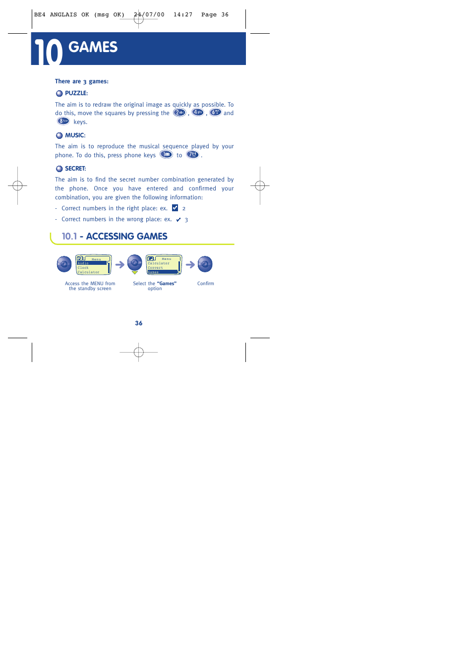 Games, 1 - accessing games | Alcatel One Touch 301 User Manual | Page 38 / 64