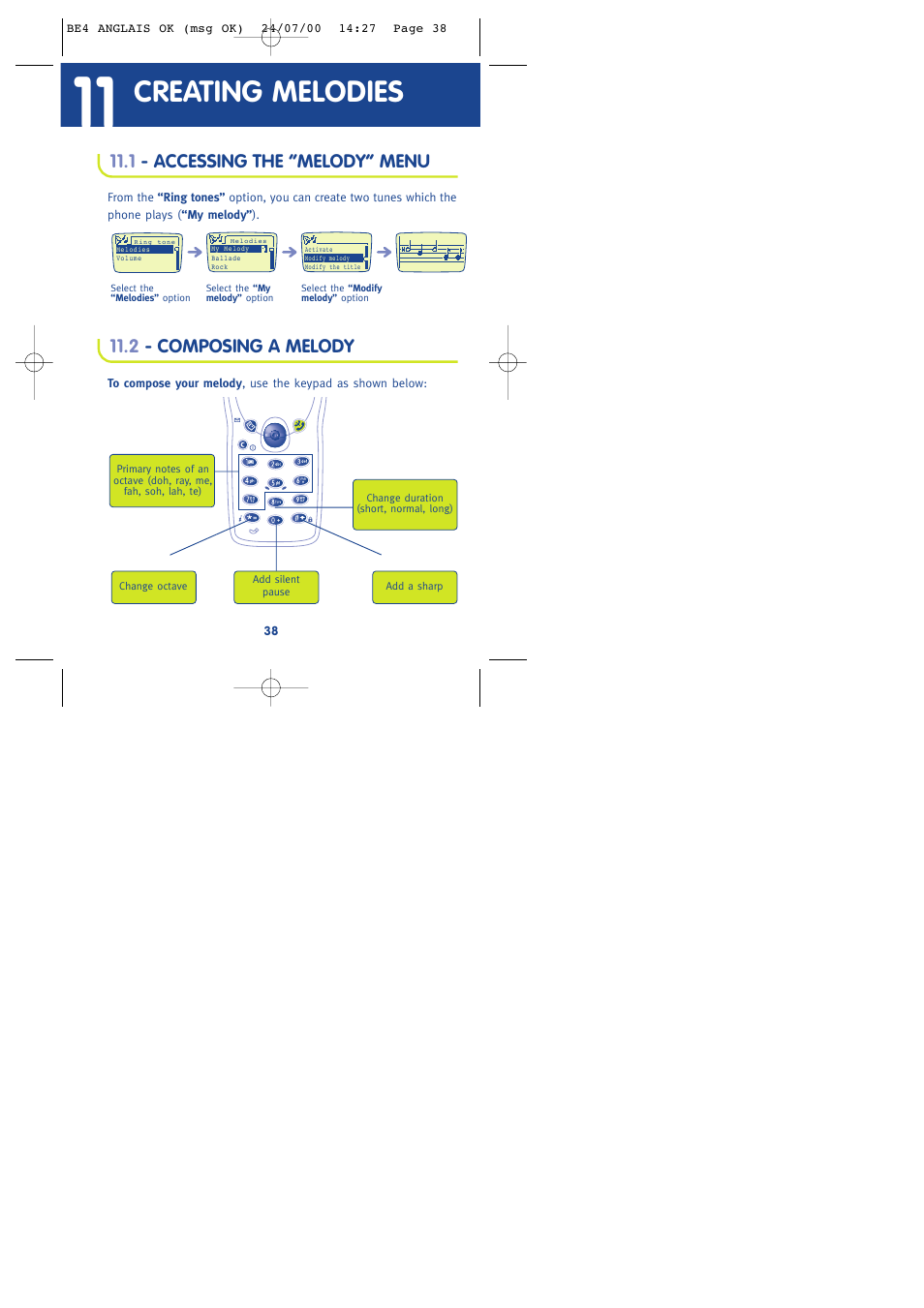 Creating melodies, 1 - accessing the “melody” menu, 2 - composing a melody | Alcatel One Touch 301 User Manual | Page 40 / 64