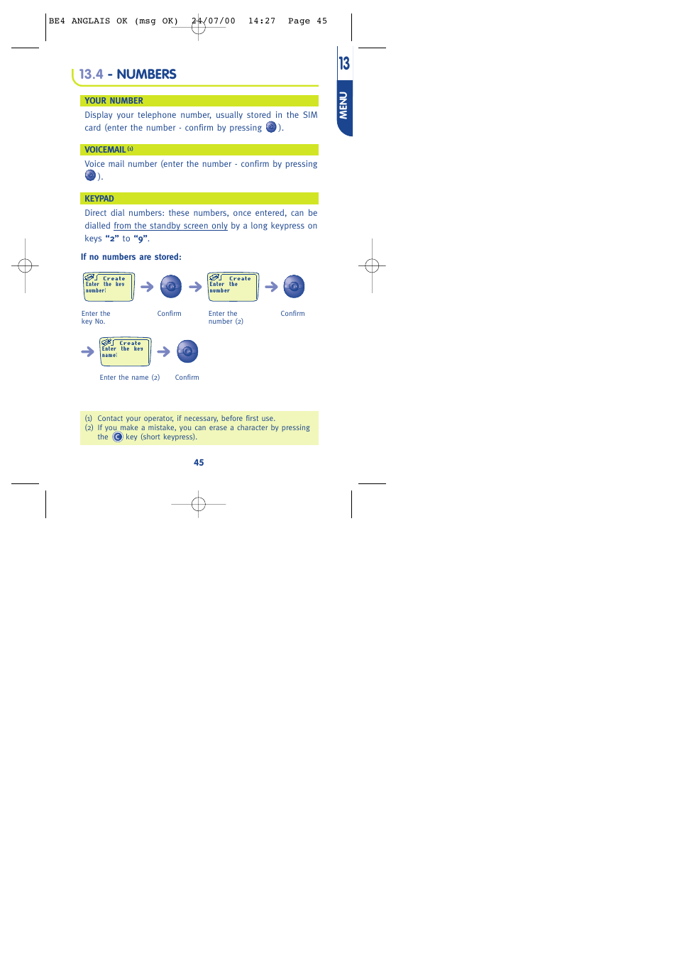4 - numbers, Menu | Alcatel One Touch 301 User Manual | Page 47 / 64