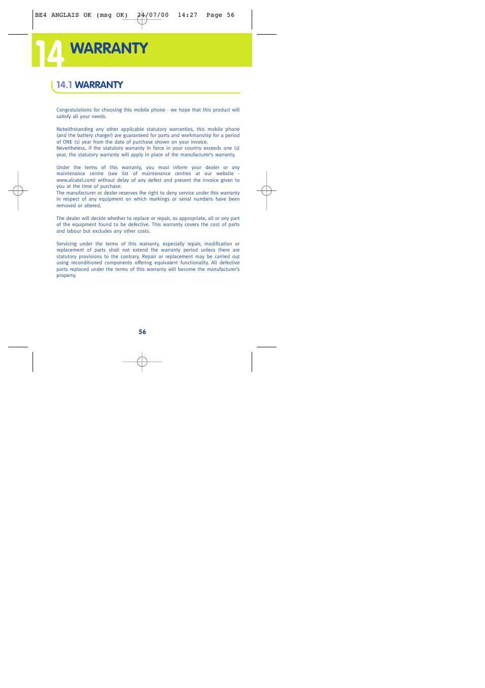 Warranty | Alcatel One Touch 301 User Manual | Page 58 / 64