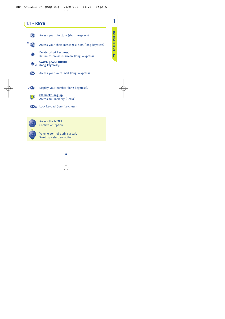 1 - keys | Alcatel One Touch 301 User Manual | Page 7 / 64