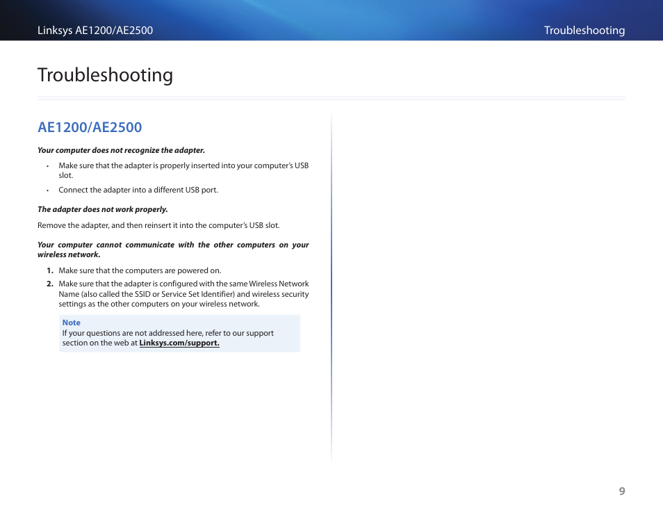 Troubleshooting, Ae1200/ae2500 | Linksys USB NETWORK ADAPTER AE2500 User Manual | Page 11 / 14