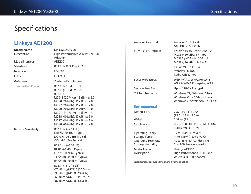 Specifications, Linksys﻿ae1200, Linksys ae1200 | Linksys USB NETWORK ADAPTER AE2500 User Manual | Page 12 / 14
