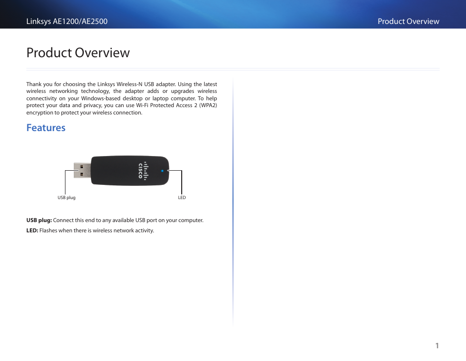 Product overview, Features, Product﻿overview | Linksys USB NETWORK ADAPTER AE2500 User Manual | Page 3 / 14