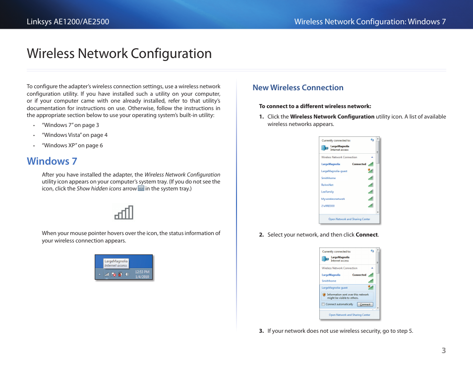 Wireless network configuration, Windows﻿7, Wireless﻿network﻿configuration | Windows 7 | Linksys USB NETWORK ADAPTER AE2500 User Manual | Page 5 / 14