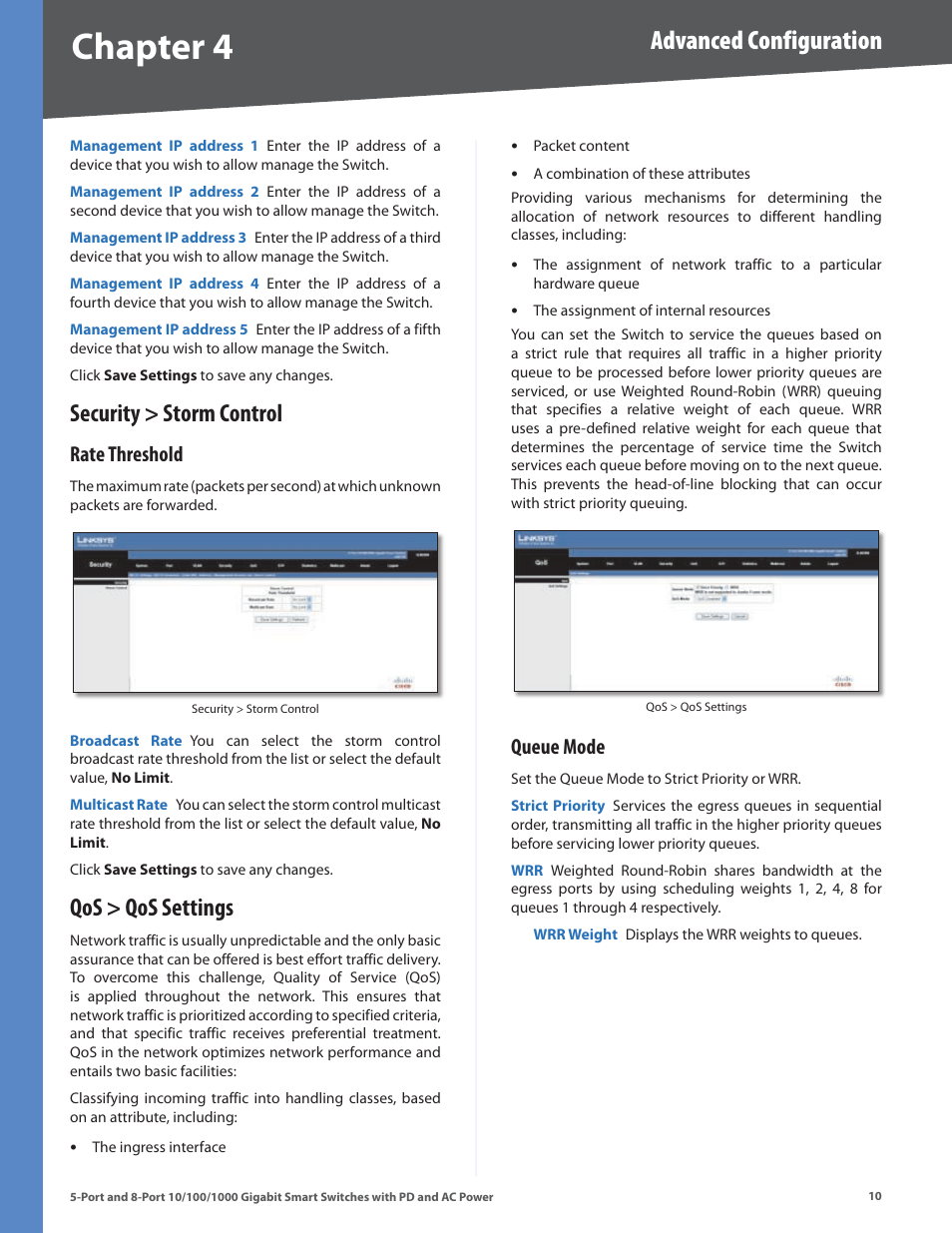 Security > storm control, Rate threshold, Qos > qos settings | Queue mode, Chapter, Advanced configuration | Linksys CISCO SLM2008 User Manual | Page 14 / 32