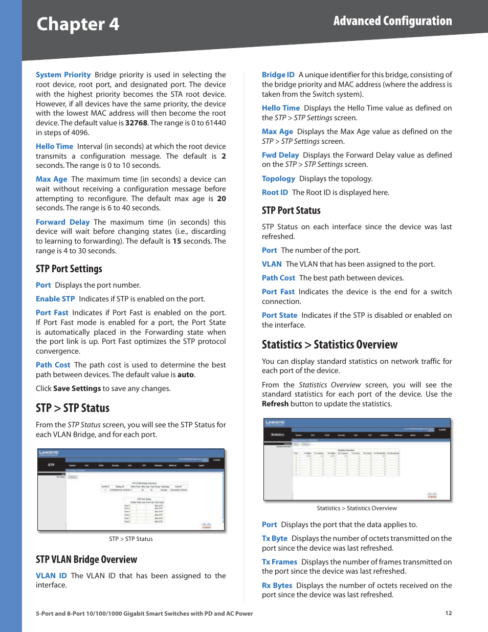 Stp port settings, Stp > stp status, Stp vlan bridge overview | Stp port status, Statistics > statistics overview, Stp vlan bridge overview stp port status, Chapter, Advanced configuration | Linksys CISCO SLM2008 User Manual | Page 16 / 32