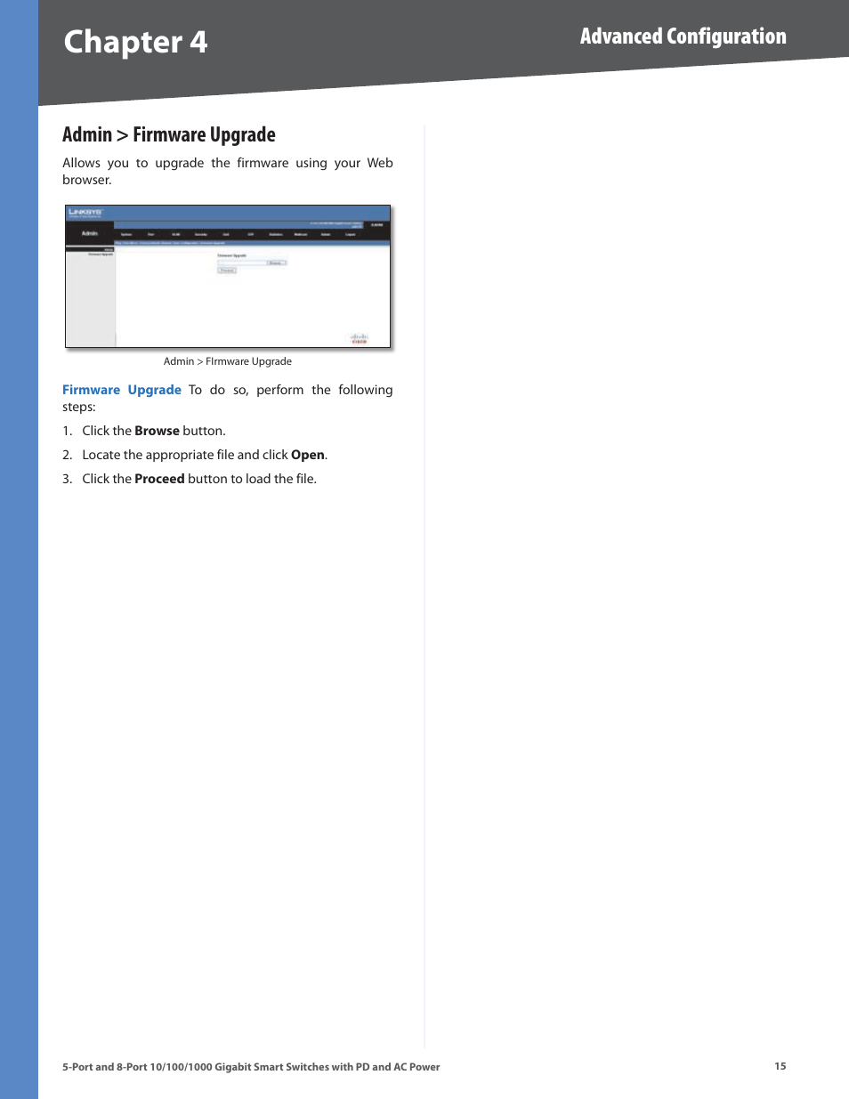 Admin > firmware upgrade, Chapter, Advanced configuration | Linksys CISCO SLM2008 User Manual | Page 19 / 32