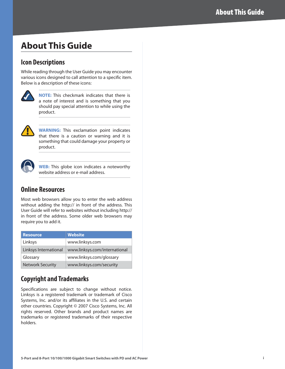 About ths gude, About this guide, Icon descriptions | Online resources, Copyright and trademarks | Linksys CISCO SLM2008 User Manual | Page 2 / 32