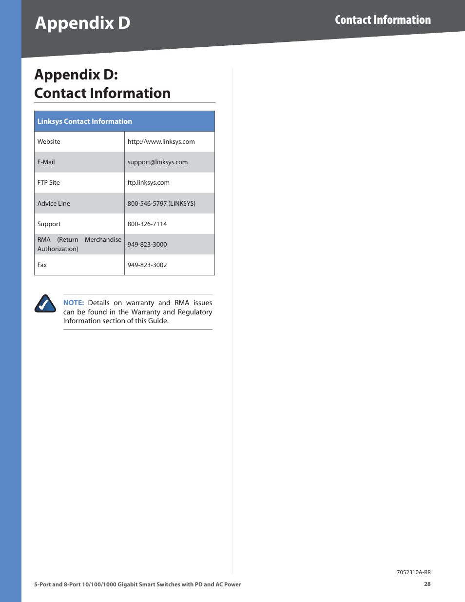 Appendix d: contact information, Appendx d, Appendx d: contact informaton | Contact information | Linksys CISCO SLM2008 User Manual | Page 32 / 32