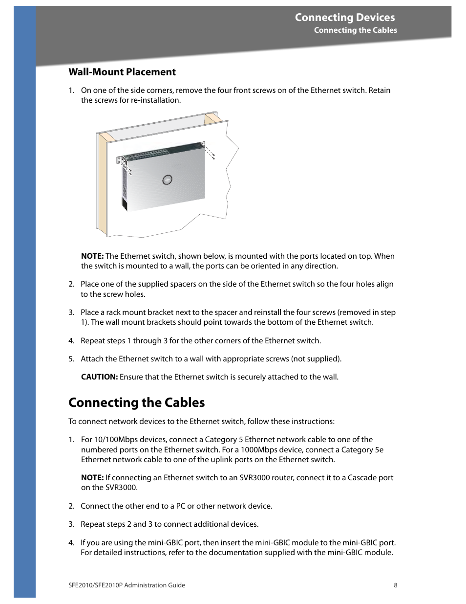 Wall-mount placement, Connecting the cables, Connecting devices | Linksys SFE2010 User Manual | Page 11 / 67