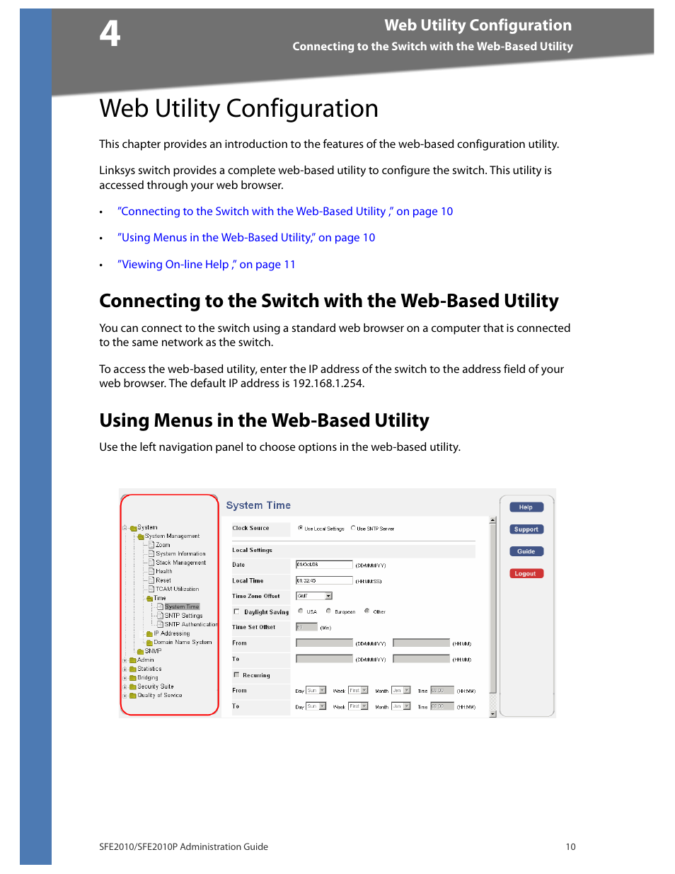 Web utility configuration, Using menus in the web-based utility, Chapter 4, "web utility configuration | Linksys SFE2010 User Manual | Page 13 / 67