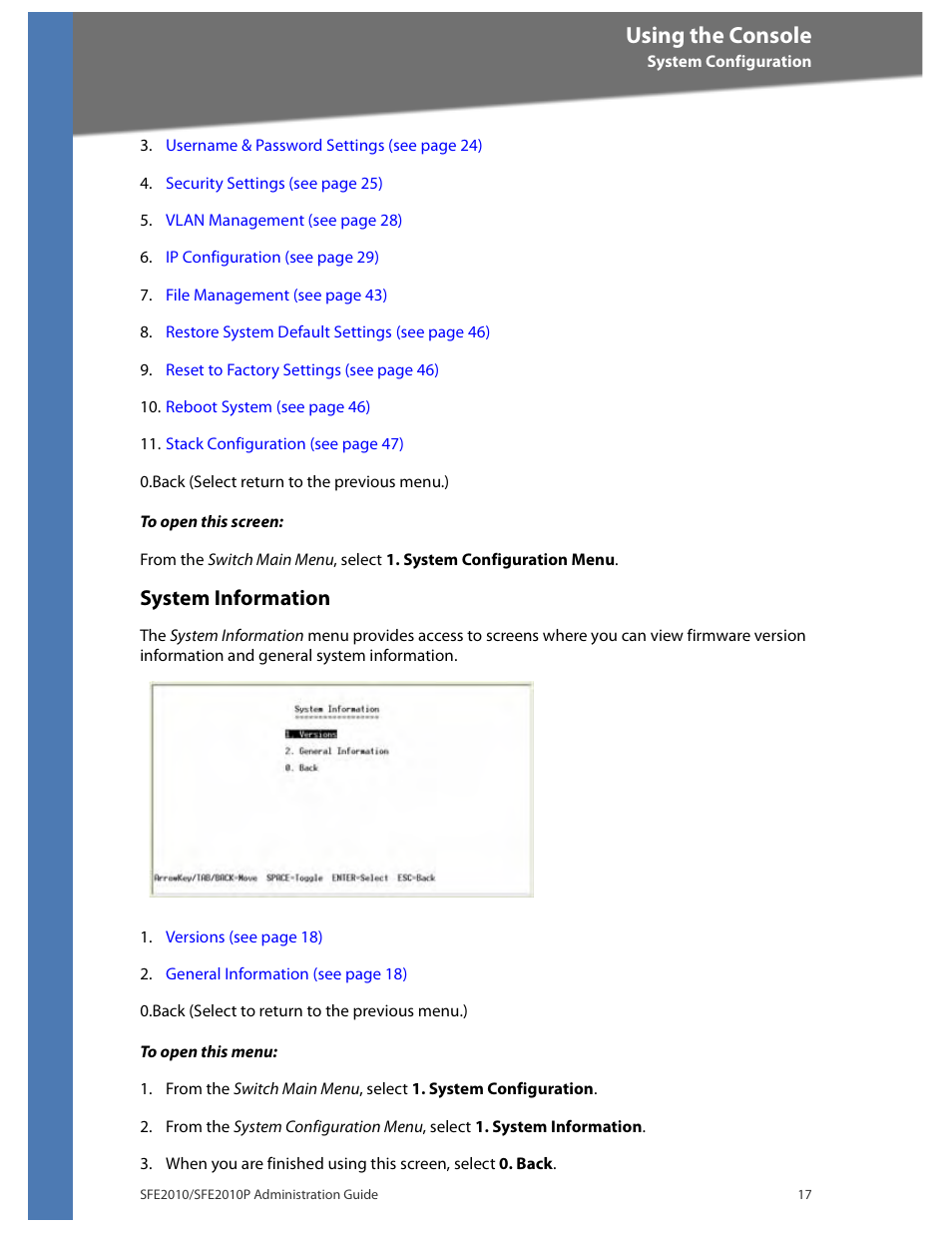 System information, Using the console | Linksys SFE2010 User Manual | Page 20 / 67