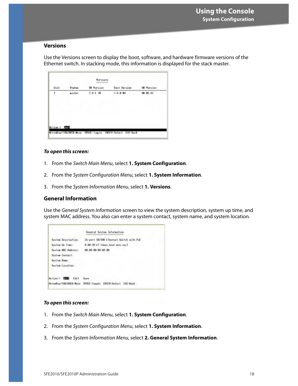 Using the console | Linksys SFE2010 User Manual | Page 21 / 67