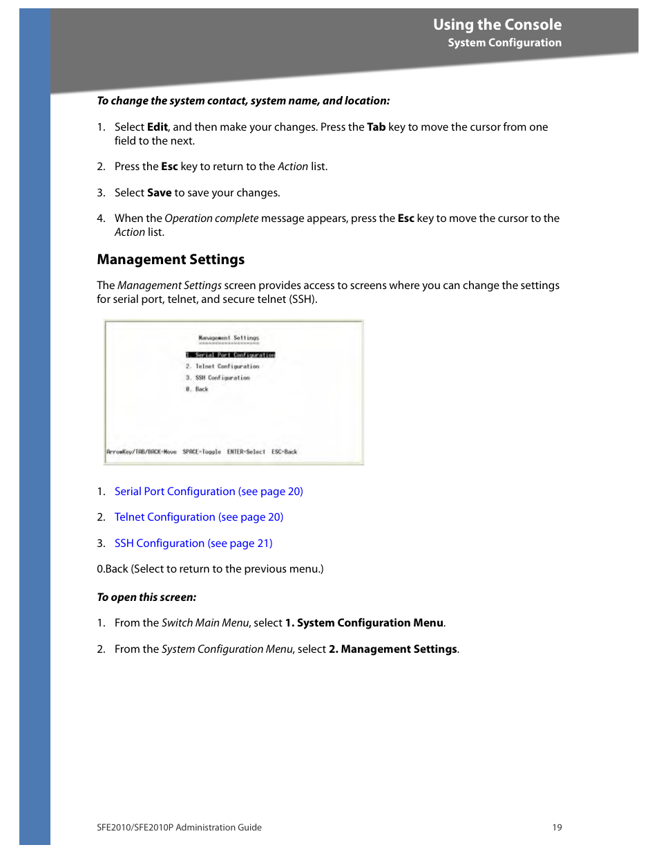 Management settings, Using the console | Linksys SFE2010 User Manual | Page 22 / 67