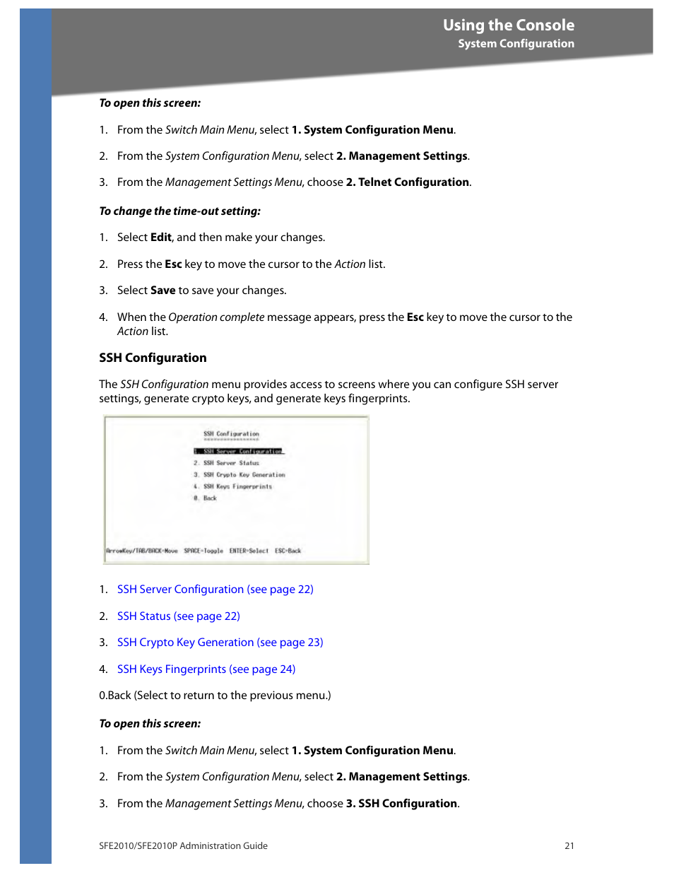Using the console | Linksys SFE2010 User Manual | Page 24 / 67