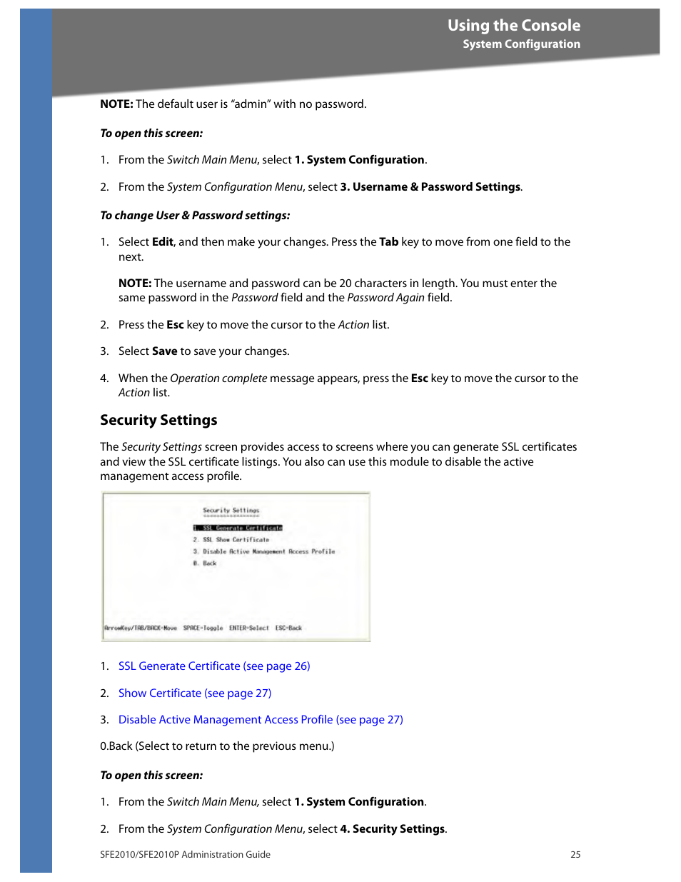 Security settings, Using the console | Linksys SFE2010 User Manual | Page 28 / 67