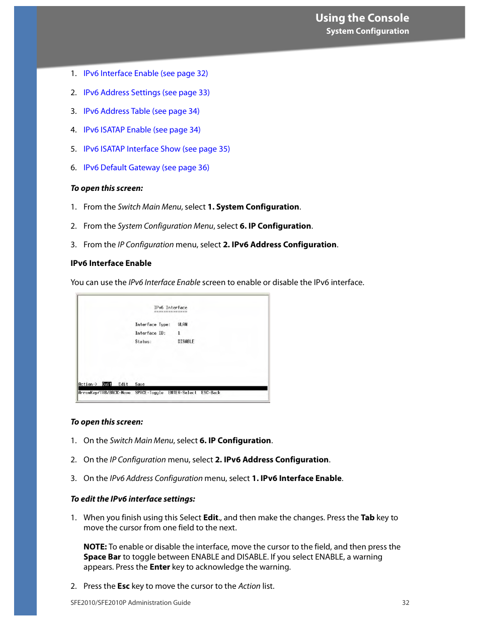 Using the console | Linksys SFE2010 User Manual | Page 35 / 67