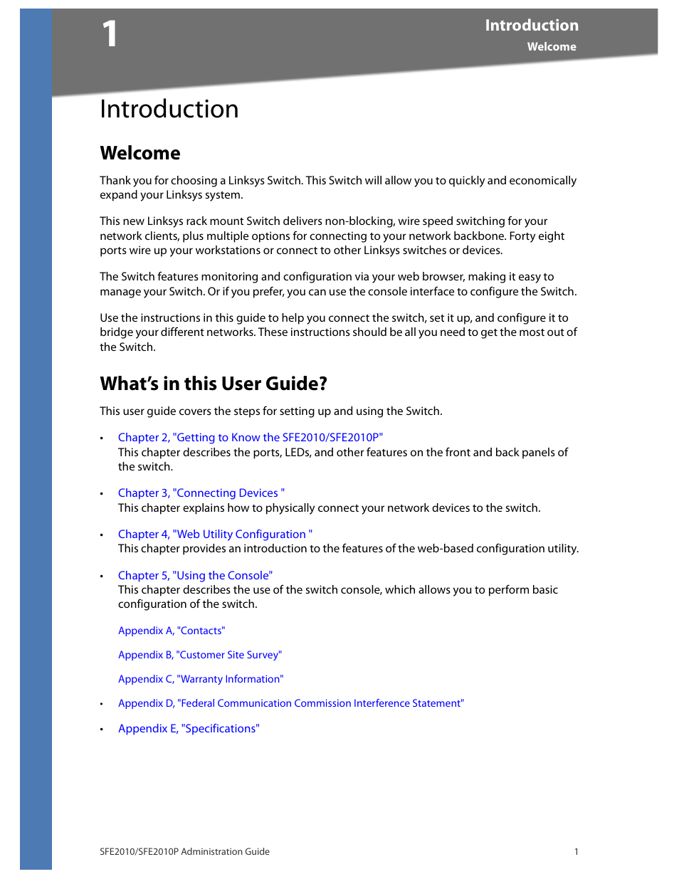 Introduction, Welcome, What’s in this user guide | Welcome 1 what’s in this user guide | Linksys SFE2010 User Manual | Page 4 / 67