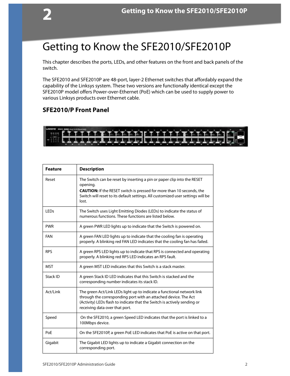 Getting to know the sfe2010/sfe2010p, Sfe2010/p front panel, Chapter 2, "getting to know the sfe2010/sfe2010p | Linksys SFE2010 User Manual | Page 5 / 67