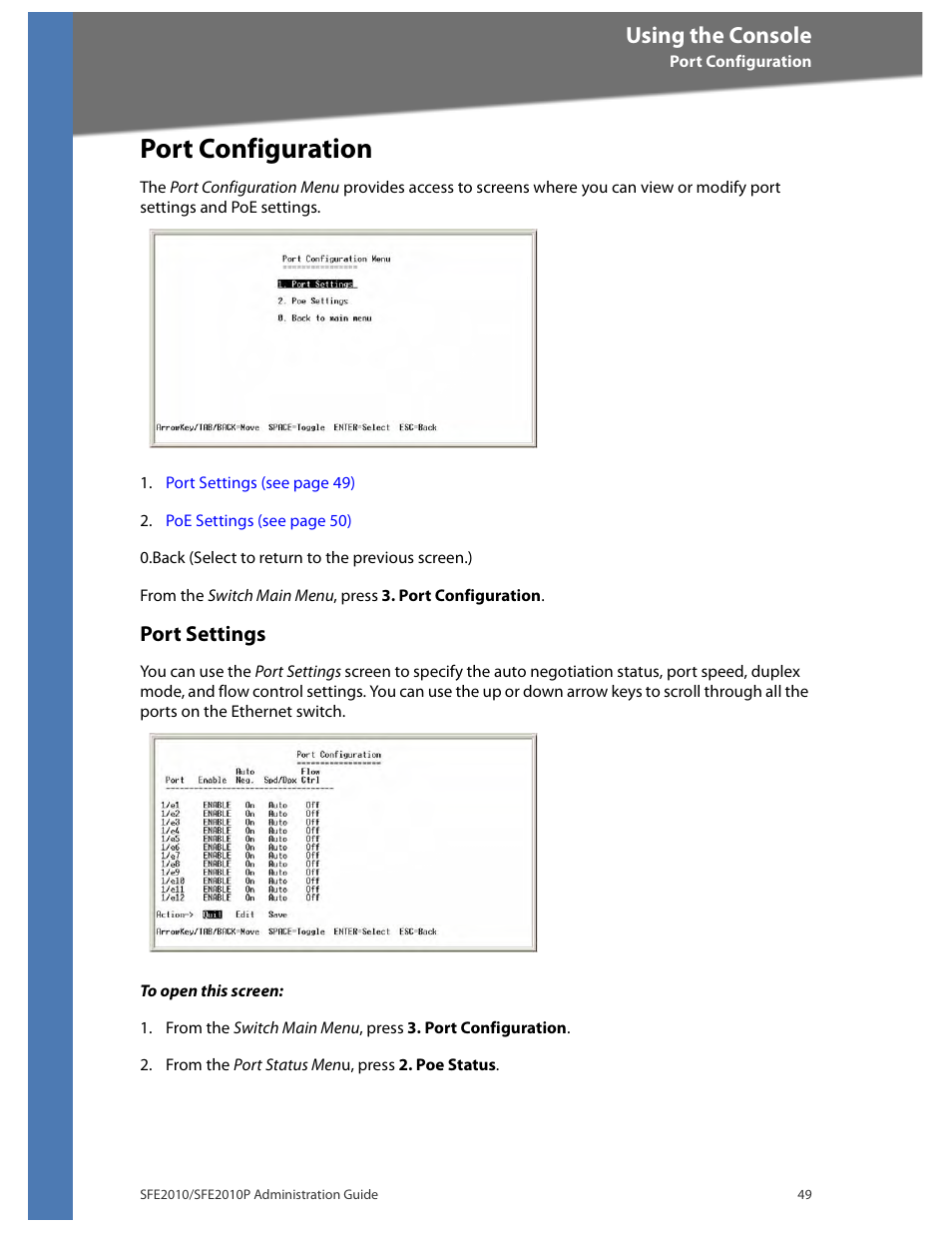 Port configuration, Port settings, Using the console | Linksys SFE2010 User Manual | Page 52 / 67