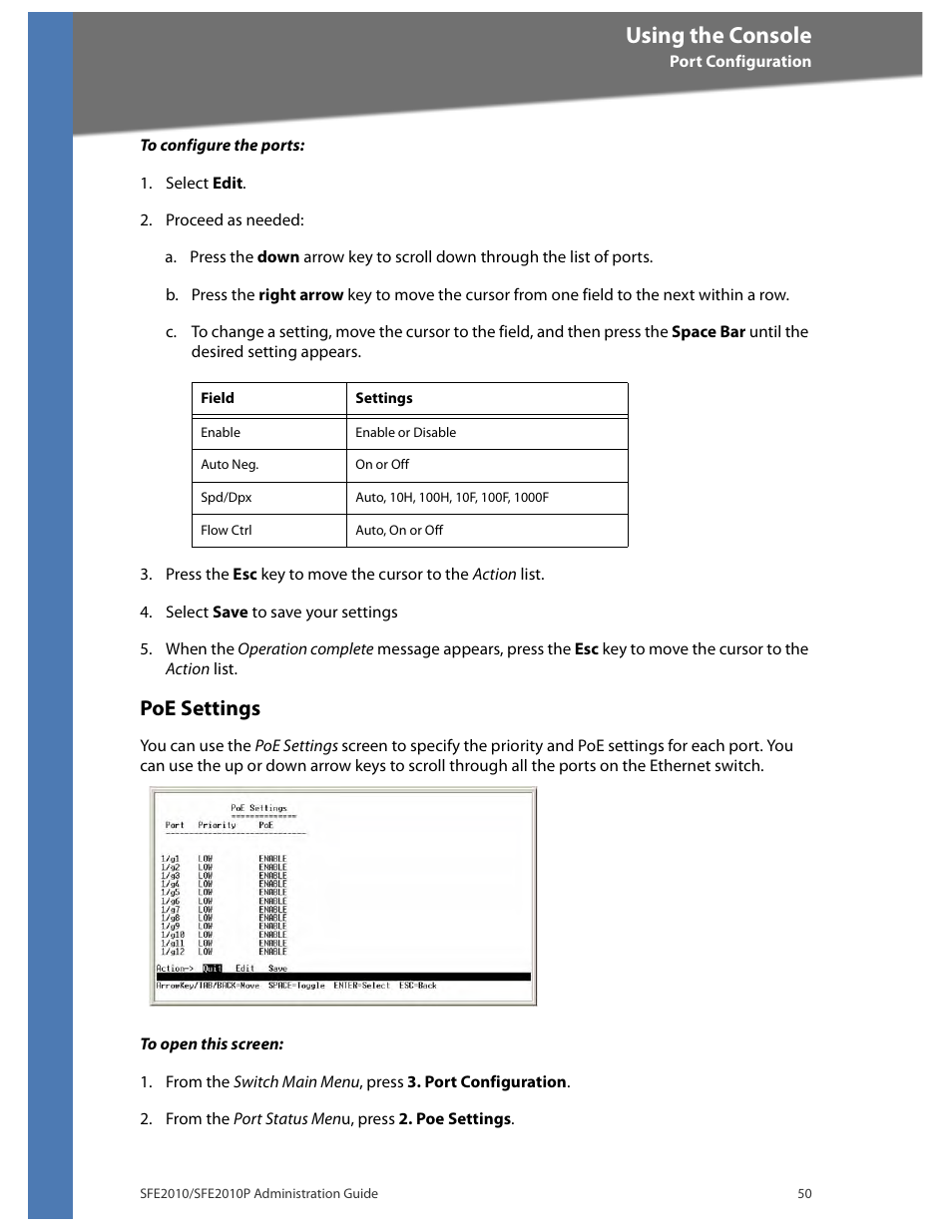 Poe settings, Using the console | Linksys SFE2010 User Manual | Page 53 / 67