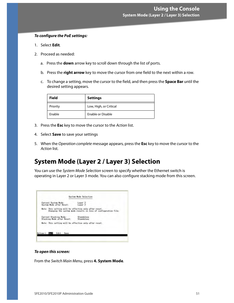 System mode (layer 2 / layer 3) selection, Using the console | Linksys SFE2010 User Manual | Page 54 / 67