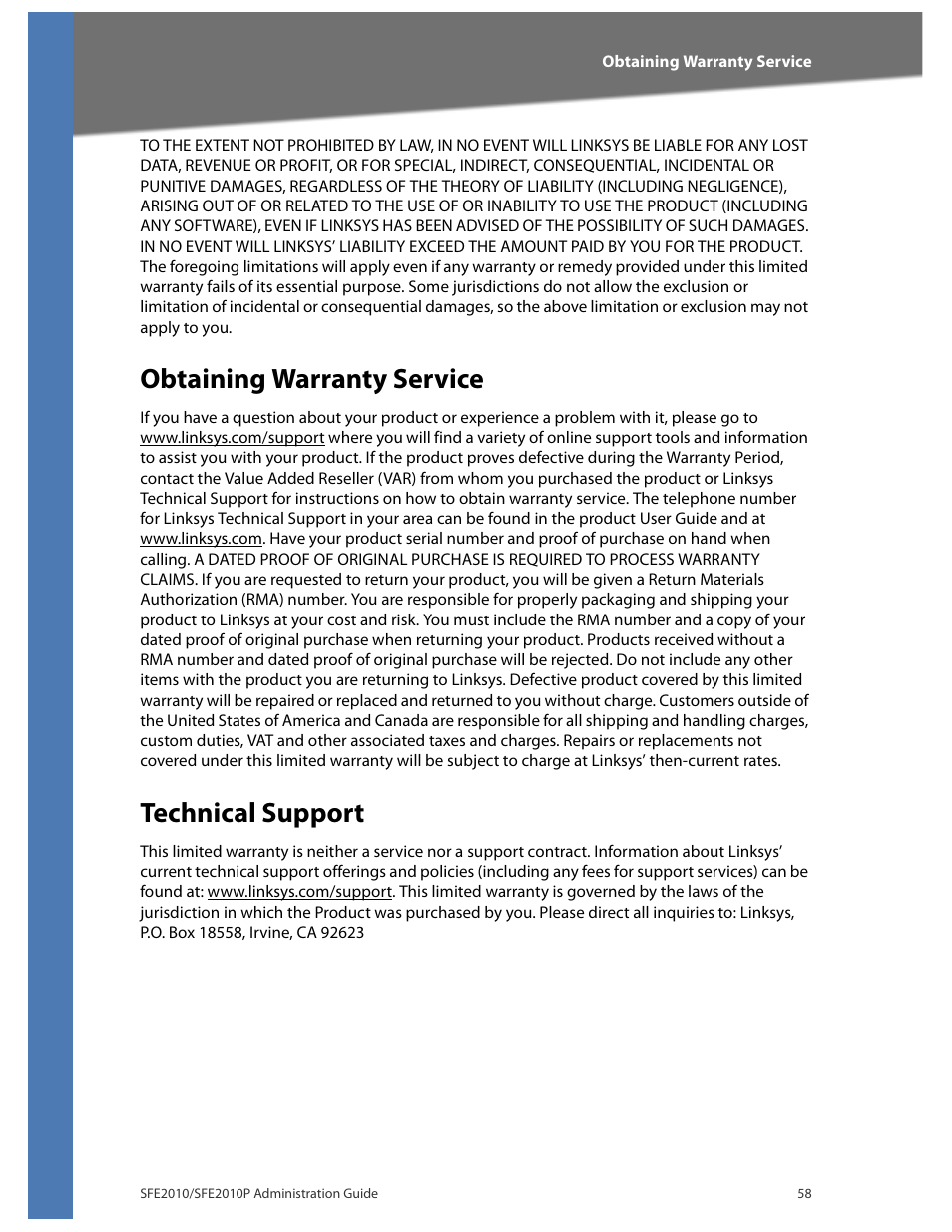 Obtaining warranty service, Technical support | Linksys SFE2010 User Manual | Page 61 / 67