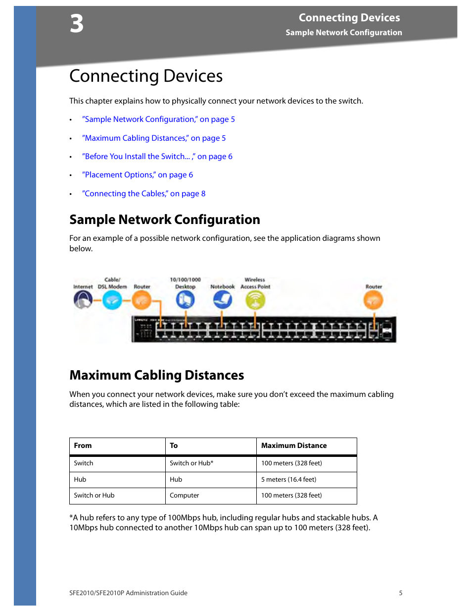 Connecting devices, Sample network configuration, Maximum cabling distances | Chapter 3, "connecting devices | Linksys SFE2010 User Manual | Page 8 / 67